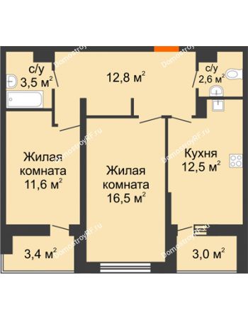2 комнатная квартира 62,7 м² в ЖК Дружный 2, дом Литер 3.3