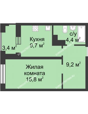 1 комнатная квартира 40,8 м² в ЖК Аквамарин, дом №8