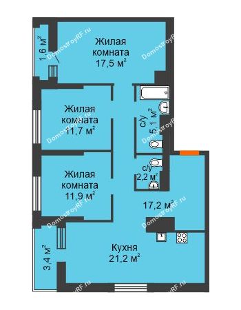3 комнатная квартира 91,8 м² в ЖК Октябрьский, дом ГП-4